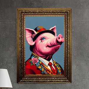Framed Pink Pig Portrait, Pig Canvas Wall Art, Pig Artwork, Farmhouse Decor, Anthropomorphic Pig Art, Quirky Farm Animal Art, Animal Gifts