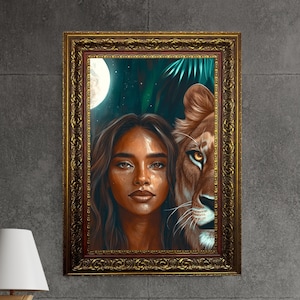 Lion and Woman Canvas Art: Animal Portrait Wall Decor
