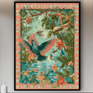 Vibrant Bird Canvas Art: Modern Floral Landscape Wall Decor