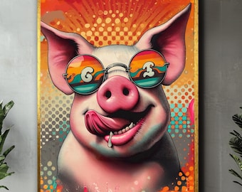 Framed Pig Canvas Art: Colorful Farmhouse Decor