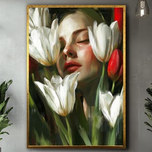 Woman and Flowers Canvas Art: Original Painting, Bedroom Decor