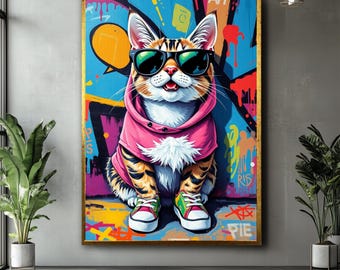 青い漫画猫のグラフィティウォールアートプリント、都会的なストリート