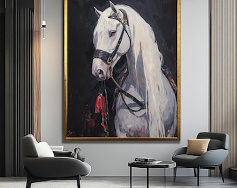 美しさと強さ、馬と海の油絵、キャンバスに描かれた白い馬のアート