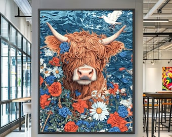 Stampa di mucca delle Highlands: arte murale rustica con animali da fattoria scozzesi