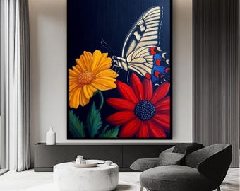 Lienzo decorativo de flores y mariposas enmarcado: Impresión de decoración de pared de naturaleza moderna