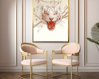 Arte murale con tigre ruggente: stampa botanica di tigre su tela minimalista per l'arredamento del soggiorno