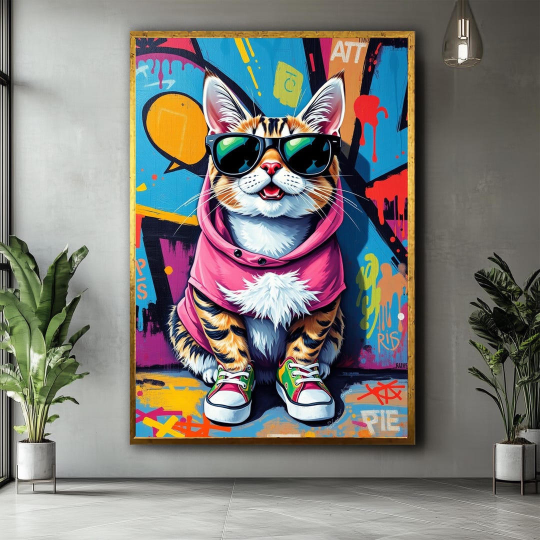 Cat Wall Art Graffiti Print Cat Decor Colorful Cat Print Street Wall ...