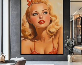 Pin-upgirl kunst aan de muur: vintage jaren 1950 blond portret canvas voor retro interieur