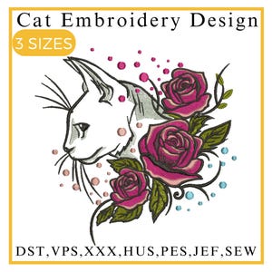Cat Embroidery Design, Cat with Flowers Motif, Kitten Embroidery, pes, hus, dst, exp etc, Animal Embroidery, Machine embroidery design