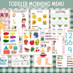Könnte beinhalten: Eine bunte, druckbare Tabelle für Kleinkinder mit Aktivitäten wie Farben lernen, Formen lernen, Zählen und das Erkennen von Körperteilen. Die Tabelle enthält auch einen Bereich für den Tagesablauf eines Kindes und einen Bereich für Familienmitglieder.