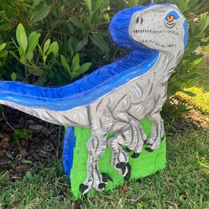 Handmade Blue Dinosaur Piñata: Velociraptor Birthday Party Decoration