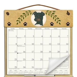 Miniature Pinscher (Min Pin)  Wooden Calendar Holder filled with the rest of 2025 and 2026 calendars and includes an order form for 2027.