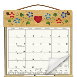 2025 CALENDAR - Wooden Calendar Holder filled with a 2025 calendar and includes an order form for 2026-Heart and Flowers