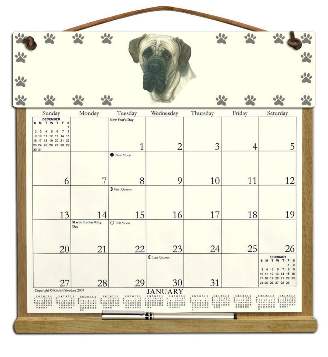 Mastiff Calendar Holder Filled With a 2024 Calendar and Includes an