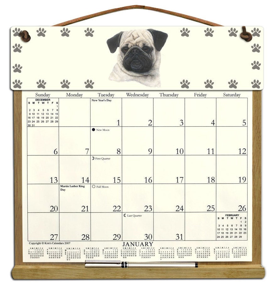 Fawn Pug Calendar Holder Filled With a 2024 Calendar and Includes an