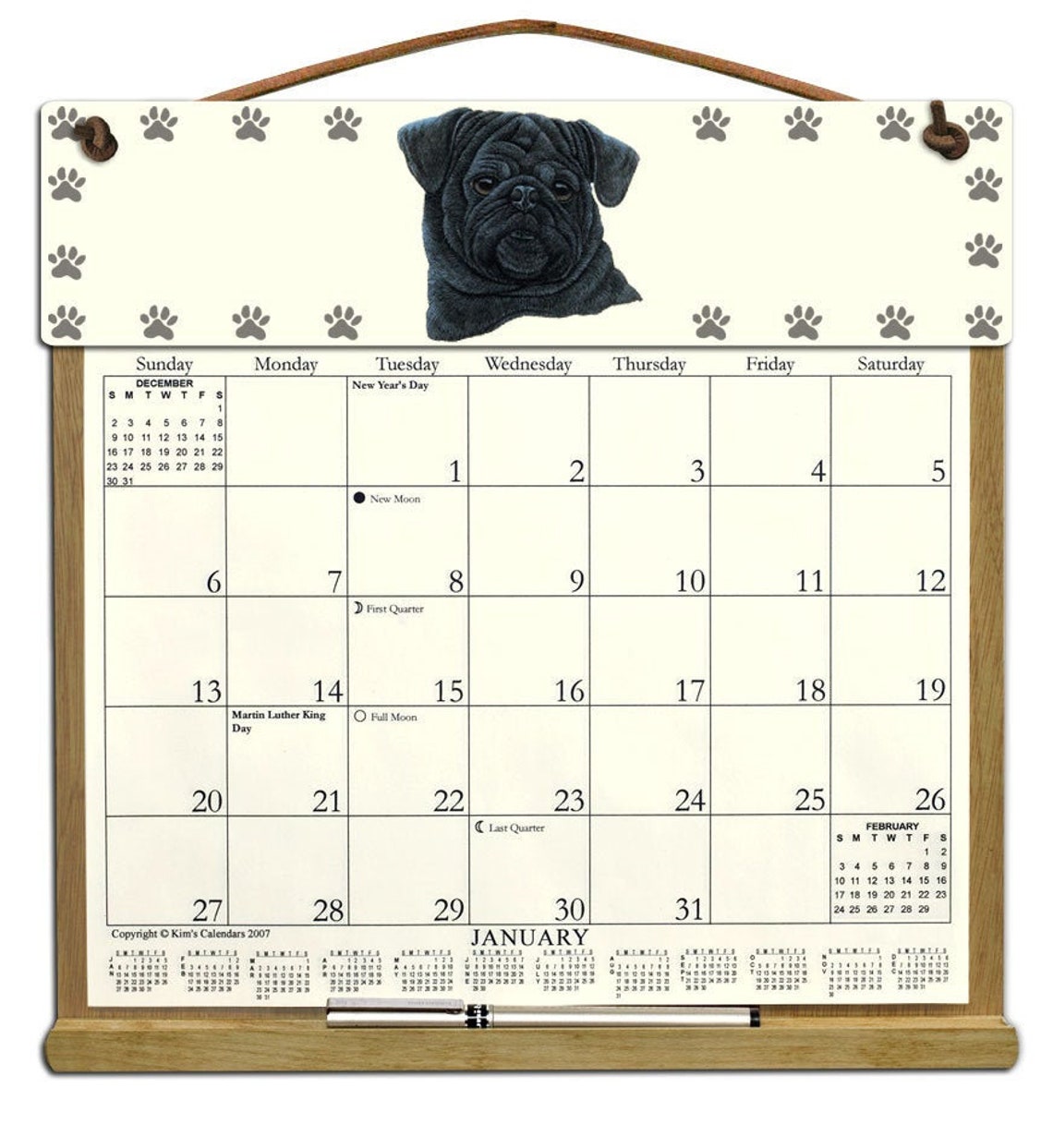 Pug Calendar 2023 Black Pug Calendar Holder filled with the rest of 2021 and Etsy