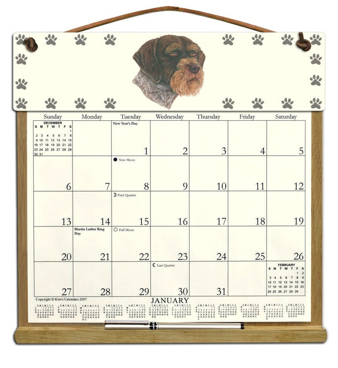 German Wirehaired Pointer Calendar Holder Filled With a 2024 Calendar