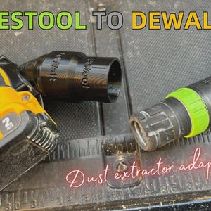 May include: Black dust extractor adapter with the text "Festool to Dewalt". The adapter is designed to connect a Festool dust extraction system to a Dewalt tool. The adapter is black with green and yellow accents.