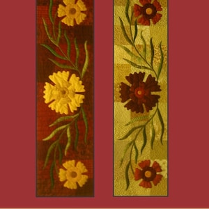 May include: Two quilt patterns featuring wild carnations, one with yellow flowers and one with red flowers. The patterns are on a brown and green background. The title "Wild Carnations" is at the top of the image, and the text "Prairie Moon Quilts" is at the bottom.