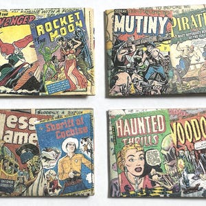 Vintage Comic Book Wallets aus wasserfestem Tyek Papier, mit 4 Themen. Space Heros, Horror, Cowboys und Piraten Version.