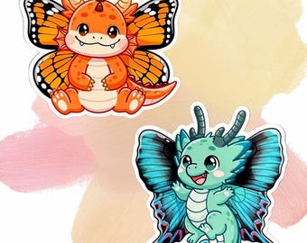 Butterfly Dragon Stickers - Choose Monarch or Peacock Design - 3" Waterproof Chibi Vinyl Decal