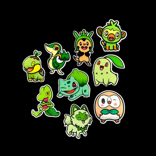 Grass Starter Pokémon Sticker Set - Bulbasaur, Turtwig, Grookey, Chikorita, Treecko, Sprigatito, Snivy, Chespin, Rowlet - Waterproof Decals