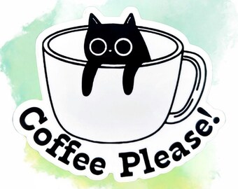 Coffee Please! Funny Black Cat Sticker for Laptop or Water Bottle - 3" Vinyl Decal
