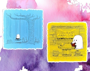 Sad Ghost Sticker - Choose Swinging in the Rain or Drinking Alone