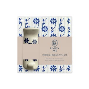 May include: A set of five Swedish dishcloths with a blue and white floral pattern. The dishcloths are made of cellulose and are reusable. The set also includes a ceramic hanging hook with a matching floral pattern. The packaging features the brand name "Linden Ave" and the text "Swedish Dishcloth Set".