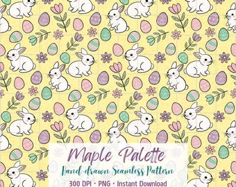 Patrón sin costuras de conejito de Pascua: diseño de tela con huevos y flores (PNG)