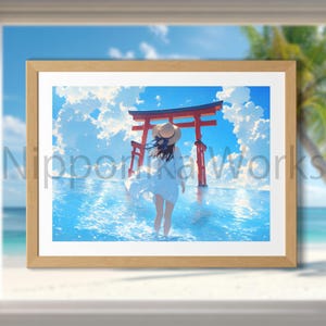Impresión artística de fantasía de verano de Torii Gate, arte de pared de estilo anime japonés, póster de océano y cielo, decoración estética, obra de arte horizontal grande, regalos