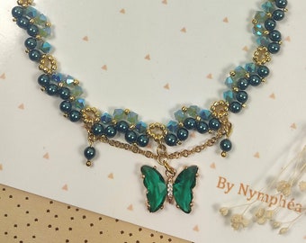 Collier papillon en verre, perles en cristal de Swarovski, et perles nacrées, collier romantique