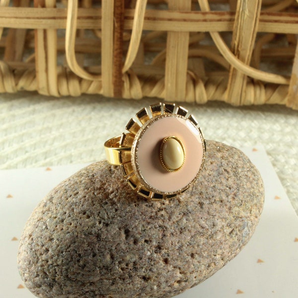 Bague avec cabochon pour femme doré et rose en nacre, style bohême, bague réglable