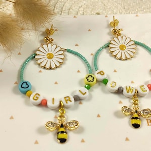 Girl power message hoop earrings, initial or letter pearl earrings, word jewelry