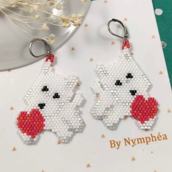 Boucles d'oreilles westie ou scottish tissées à la main avec des perles miyuki en verre, thème Westie