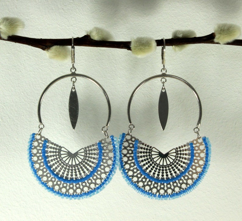 blue woven curls Wide silver earrings miyuki pearl buckles Japanese pearl jewelry ByNymph\u00e9a large buckles