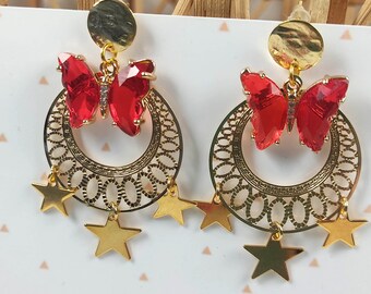 Red butterfly and star earrings, golden brass, ByNymphéa