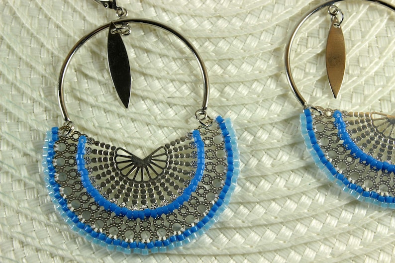blue woven curls Wide silver earrings miyuki pearl buckles Japanese pearl jewelry ByNymph\u00e9a large buckles