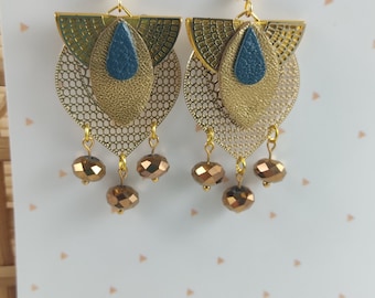 Golden earrings with steel hook, leather petals and glass beads