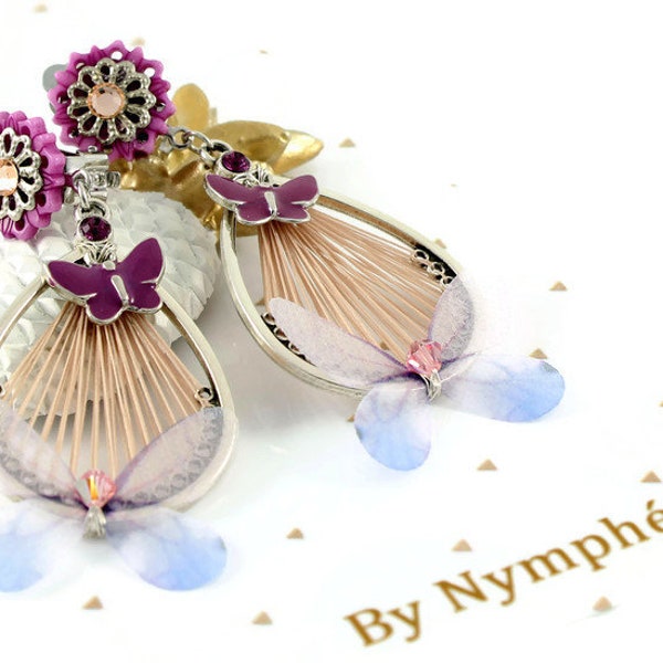 Boucles d'oreilles clips en nacre papillons organza, clips pour femme, idée cadeau fille, ByNymphéa