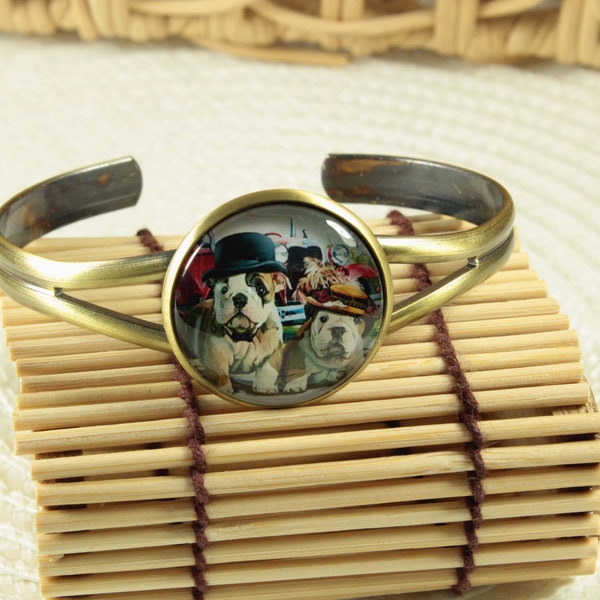 Bracelet bouledogue anglais manchette en laiton avec cabochon image digitale chien, bracelet bulldog, bijou fan de chien