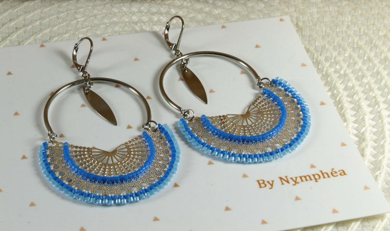 blue woven curls Wide silver earrings miyuki pearl buckles Japanese pearl jewelry ByNymph\u00e9a large buckles