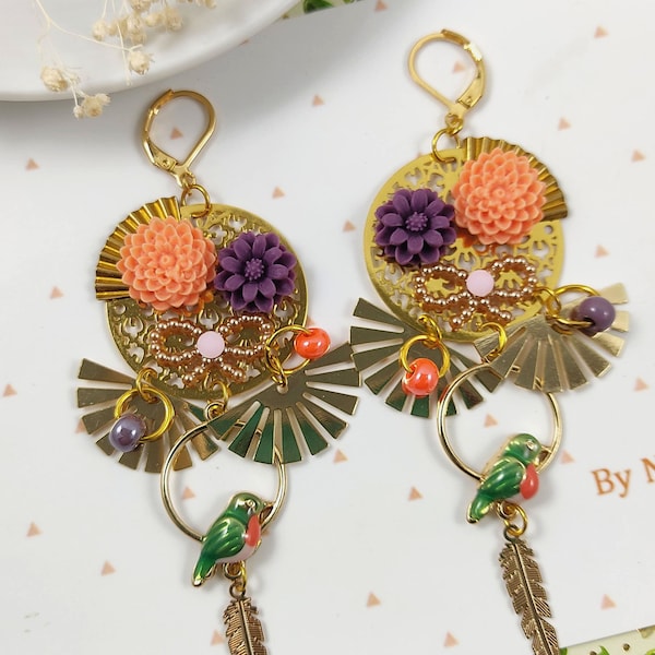 Boucles d'oreilles longues pendantes avec breloques oiseau et fleurs et perles en verre, perroquet