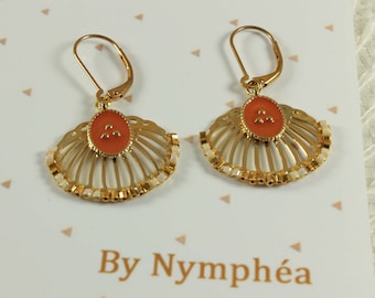 Earrings golden shell and terracotta enamel charm for women