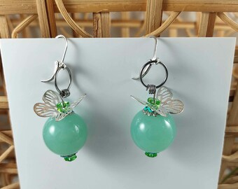 Butterfly earrings, large green pearl and Swarovski crystal flowers, spring jewelry for women