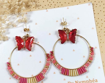 Red butterfly hoop earrings, hand-woven, fine glass beads,