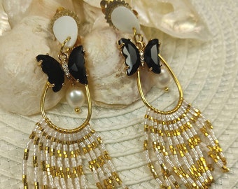 Boucles d'oreilles clips longues doré avec perles d'eau douce et perles en verre Miyuki, nacre