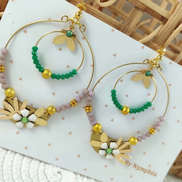 Grosses boucles d'oreilles créoles XXL avec perles en verre vertes et roses pour femme, boucles fleurs et nénuphar