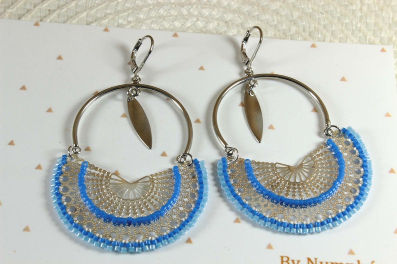 blue woven curls Wide silver earrings miyuki pearl buckles Japanese pearl jewelry ByNymph\u00e9a large buckles