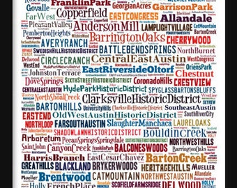 Austin-  Texas - Typography - Neighborhoods - Poster - Print